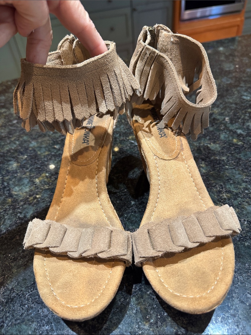 Minnetonka Taupe Suede Fringe Ankle Strap Sandals